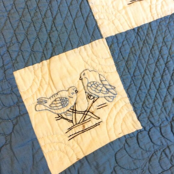 Handmade Four Patch Squares Quilt Embroidered Love Birds Blue White STAINED - Picture 4 of 12